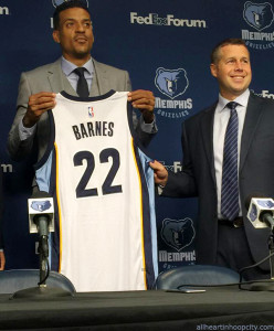 Matt Barnes receives Memphis Grizzlies jersey, with Coach Dave Joerger