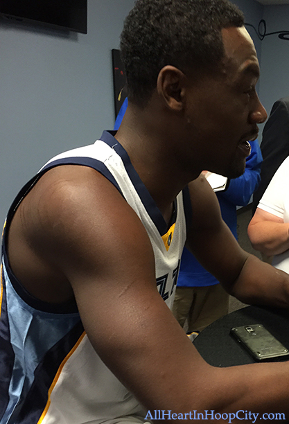Tony Allen responds to media questions during Media Day 2015.